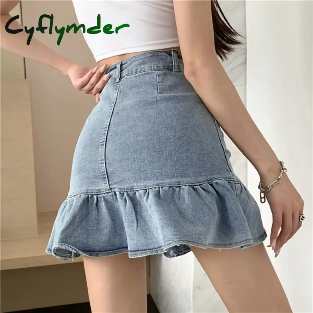 Cyflymder Vintage Ruffles Denim Mini Skirt Women Y2K 2000S High Waist Jeans Hip Wrap Skirts