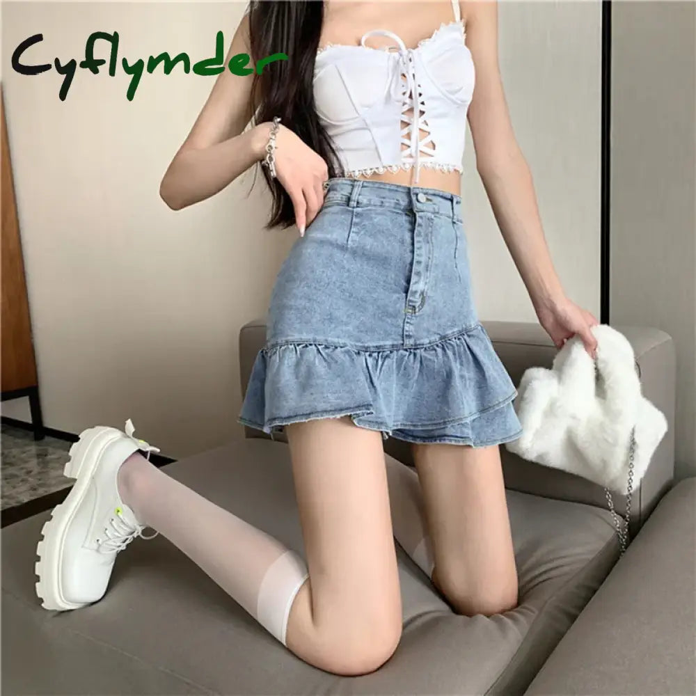 Cyflymder Vintage Ruffles Denim Mini Skirt Women Y2K 2000S High Waist Jeans Hip Wrap Skirts