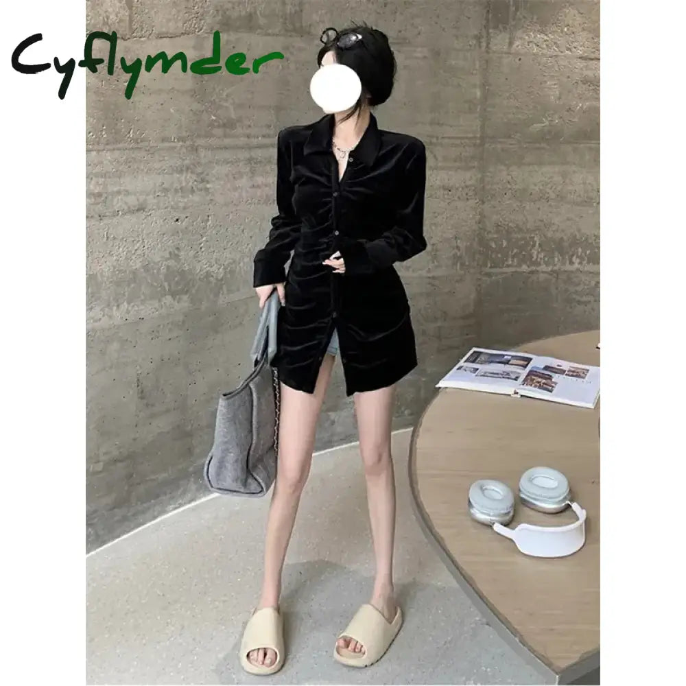 Cyflymder Vintage Shirts Women Black Velvet Pleated Blouses Korean Elegant Folds Turn Down Collar