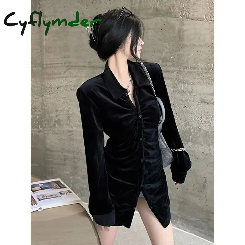 Cyflymder Vintage Shirts Women Black Velvet Pleated Blouses Korean Elegant Folds Turn Down Collar