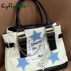 Cyflymder Vintage Shoulder Bag Y2K Star Pattern Letter Designer Tote College Style Student Large