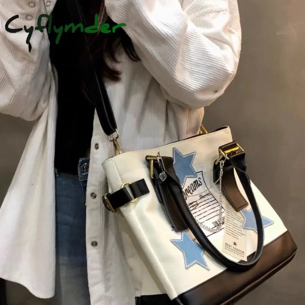 Cyflymder Vintage Shoulder Bag Y2K Star Pattern Letter Designer Tote College Style Student Large