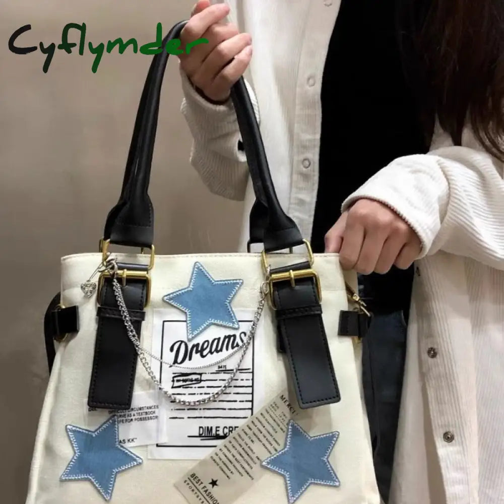 Cyflymder Vintage Shoulder Bag Y2K Star Pattern Letter Designer Tote College Style Student Large