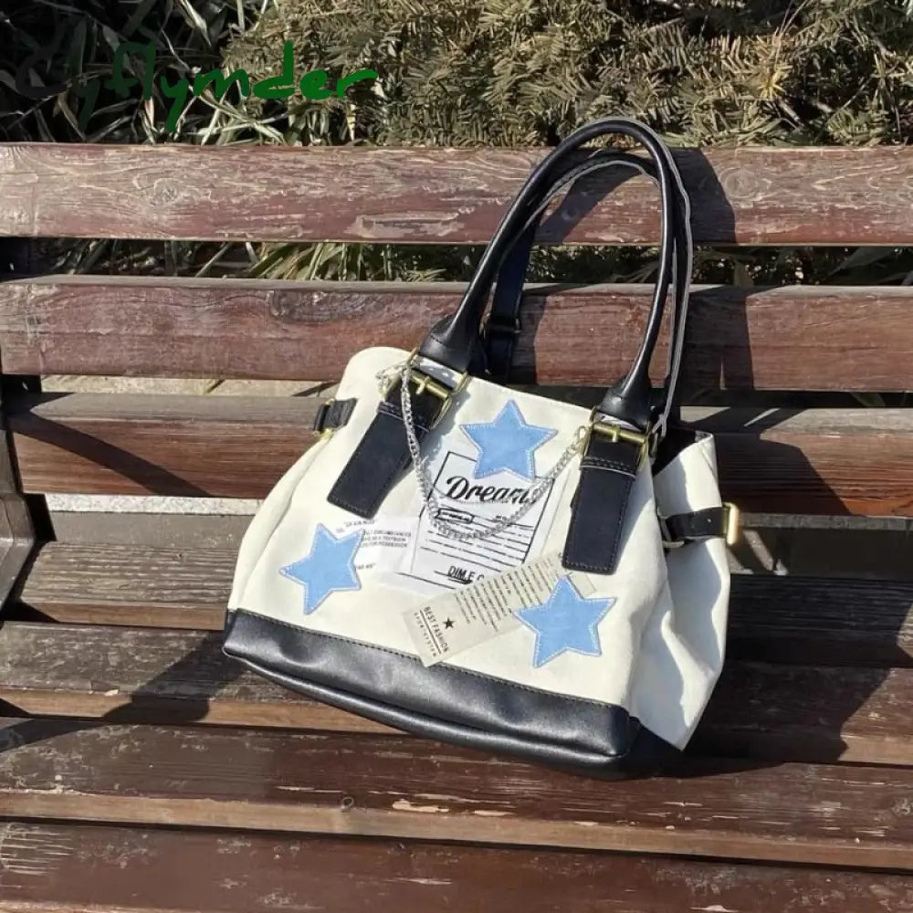 Cyflymder Vintage Shoulder Bag Y2K Star Pattern Letter Designer Tote College Style Student Large