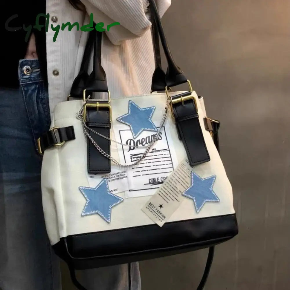 Cyflymder Vintage Shoulder Bag Y2K Star Pattern Letter Designer Tote College Style Student Large