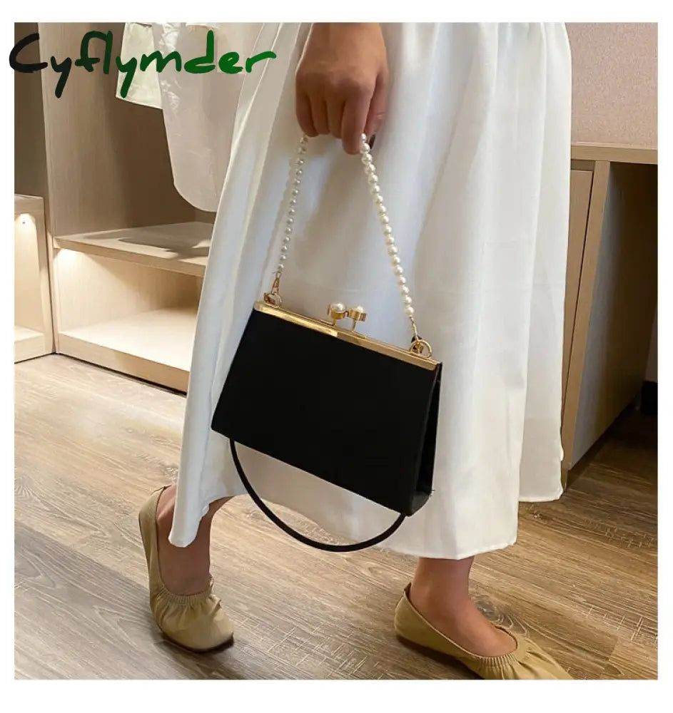 Cyflymder Vintage Shoulder Bags Women Fashion Pearl Chain Handbag Kiss Lock Designed Brand Small