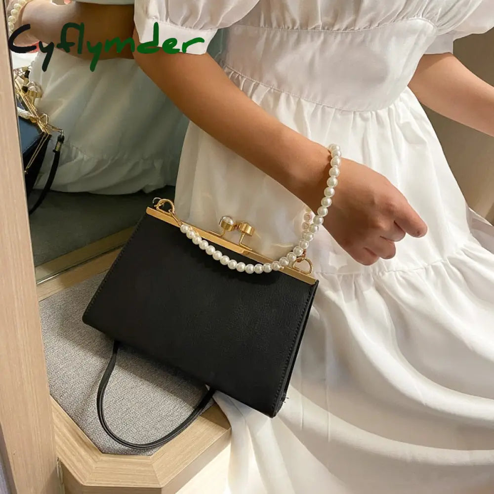 Cyflymder Vintage Shoulder Bags Women Fashion Pearl Chain Handbag Kiss Lock Designed Brand Small