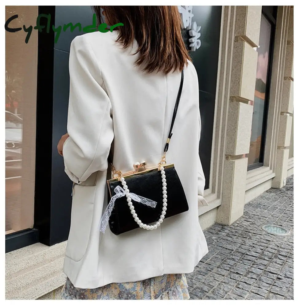 Cyflymder Vintage Shoulder Bags Women Fashion Pearl Chain Handbag Kiss Lock Designed Brand Small