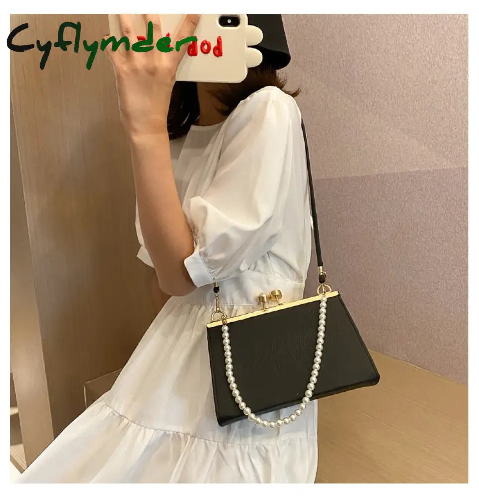 Cyflymder Vintage Shoulder Bags Women Fashion Pearl Chain Handbag Kiss Lock Designed Brand Small