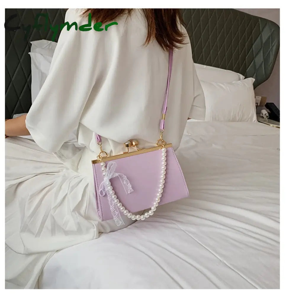 Cyflymder Vintage Shoulder Bags Women Fashion Pearl Chain Handbag Kiss Lock Designed Brand Small