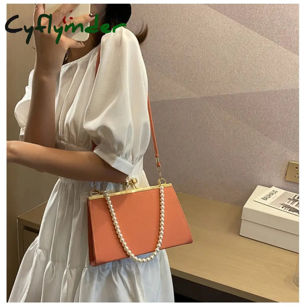 Cyflymder Vintage Shoulder Bags Women Fashion Pearl Chain Handbag Kiss Lock Designed Brand Small