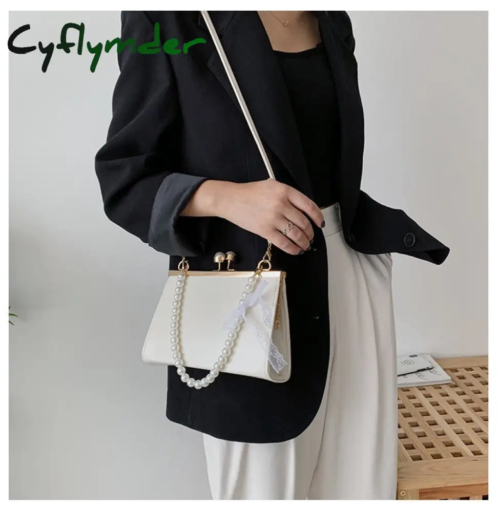 Cyflymder Vintage Shoulder Bags Women Fashion Pearl Chain Handbag Kiss Lock Designed Brand Small