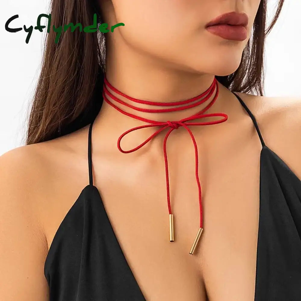 Cyflymder Vintage Strap Bowknot Pendant Necklace For Women Diy Long Tassel Rope Creative