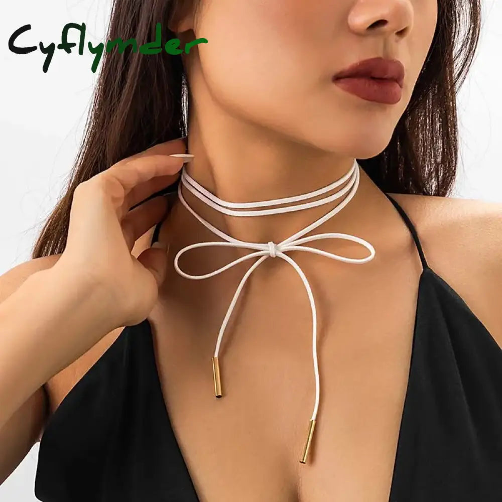 Cyflymder Vintage Strap Bowknot Pendant Necklace For Women Diy Long Tassel Rope Creative