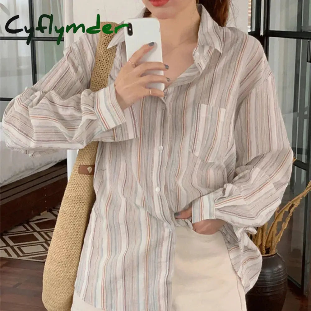 Cyflymder Vintage Striped Shirts Women Korean Fashion Simple Long Sleeve Turn Down Collar Blouse