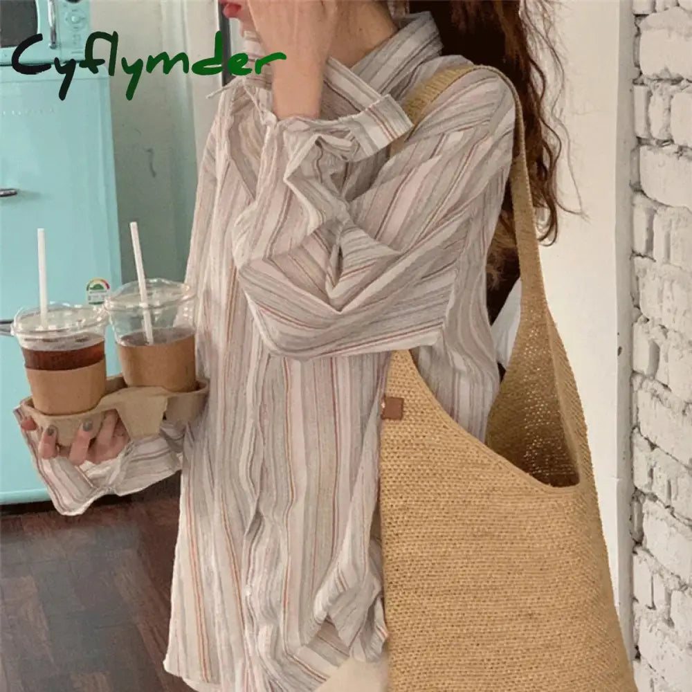 Cyflymder Vintage Striped Shirts Women Korean Fashion Simple Long Sleeve Turn Down Collar Blouse