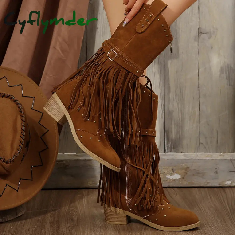 Cyflymder Vintage Tassels Knee High Boots Women Rivet Decoration Thick Heeled Western Boots Woman Zip High Tube Cowboy