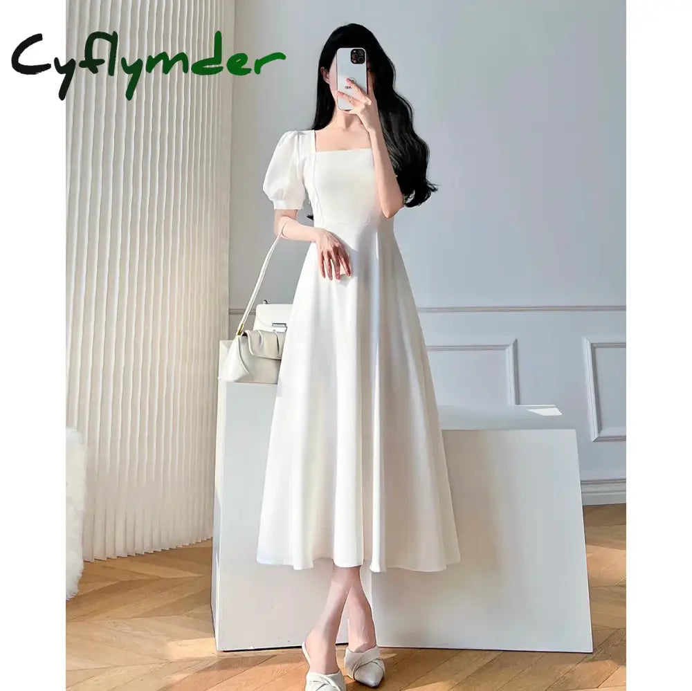 Cyflymder Vintage White Maxi Dresses For Women Party Prom Puff Sleeve Square Collar Temperament
