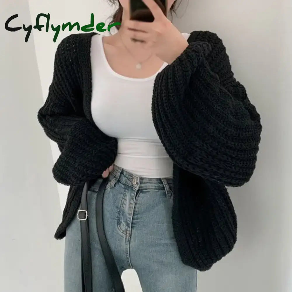 Cyflymder Vintage Women Cardigan Sweater Harajuku Lantern Sleeve Casual Korean Fall Streetwear Tops