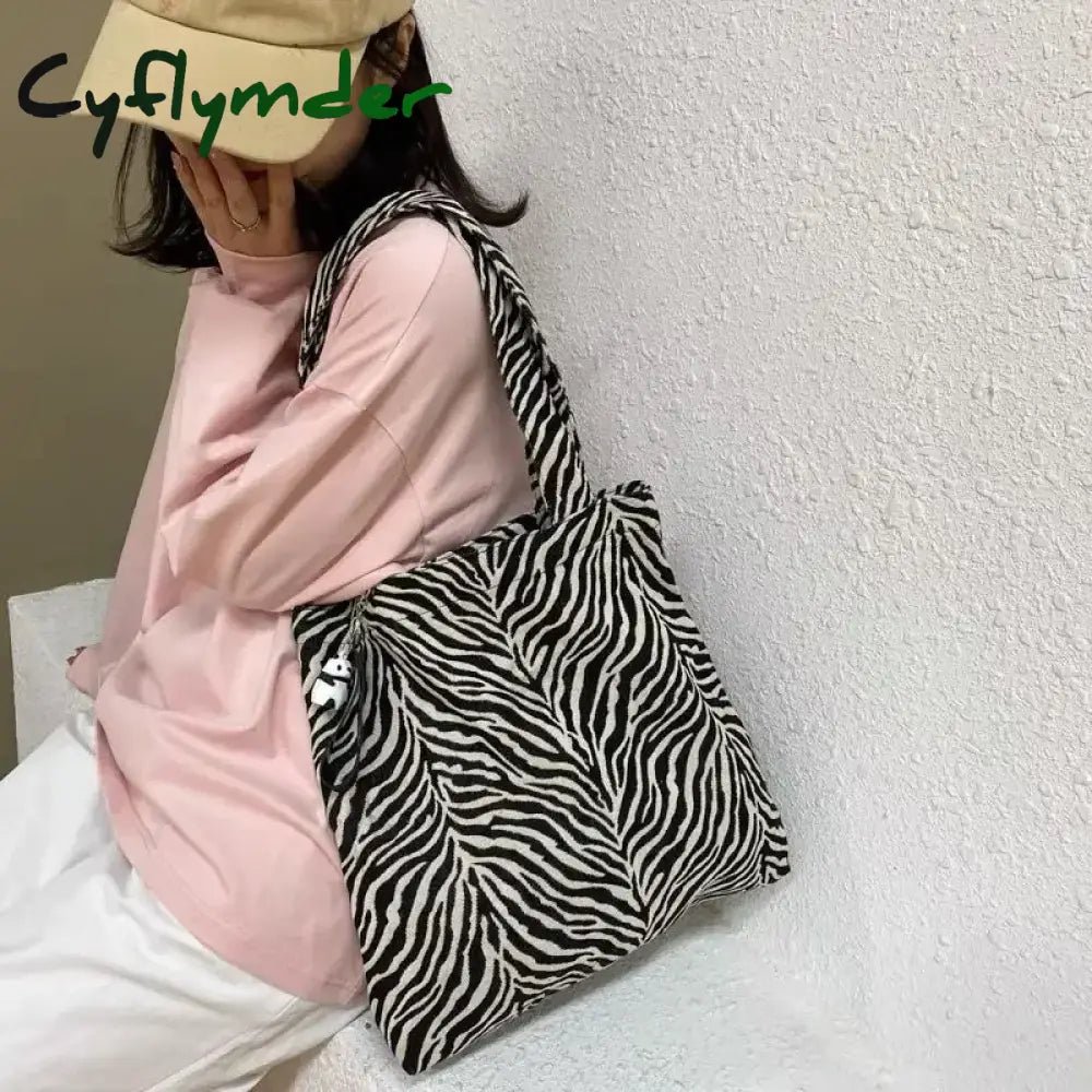 Cyflymder Vintage Women Shoulder Bag Creative Zebra Stripes Canvas Tote Handbags Large Capacity