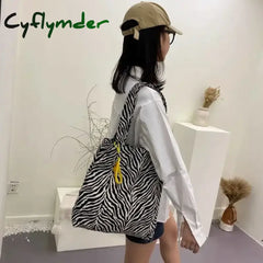 Cyflymder Vintage Women Shoulder Bag Creative Zebra Stripes Canvas Tote Handbags Large Capacity