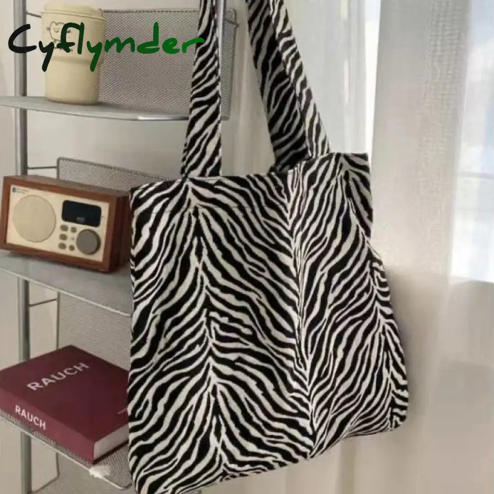 Cyflymder Vintage Women Shoulder Bag Creative Zebra Stripes Canvas Tote Handbags Large Capacity