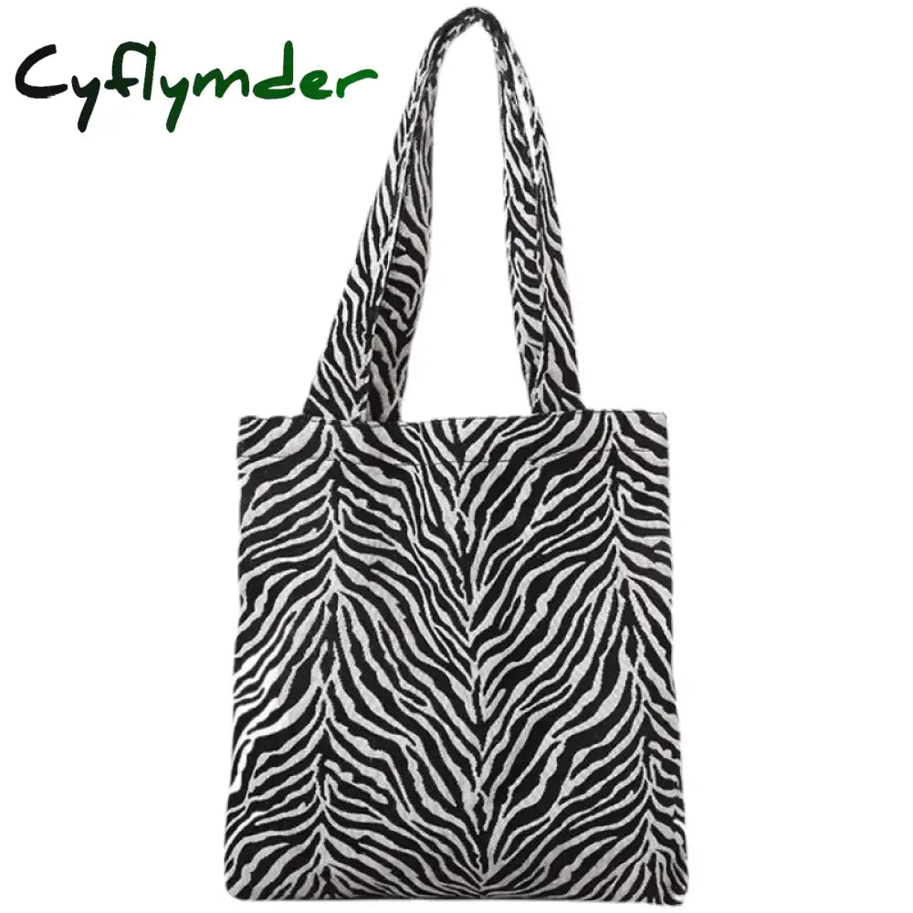 Cyflymder Vintage Women Shoulder Bag Creative Zebra Stripes Canvas Tote Handbags Large Capacity