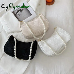 Cyflymder Vintage Women Shoulder Bag Jacquard Lace Flower Solid Color Pearl Chain Underarm Handbag