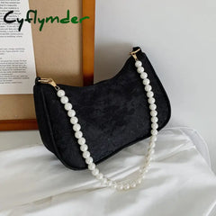Cyflymder Vintage Women Shoulder Bag Jacquard Lace Flower Solid Color Pearl Chain Underarm Handbag