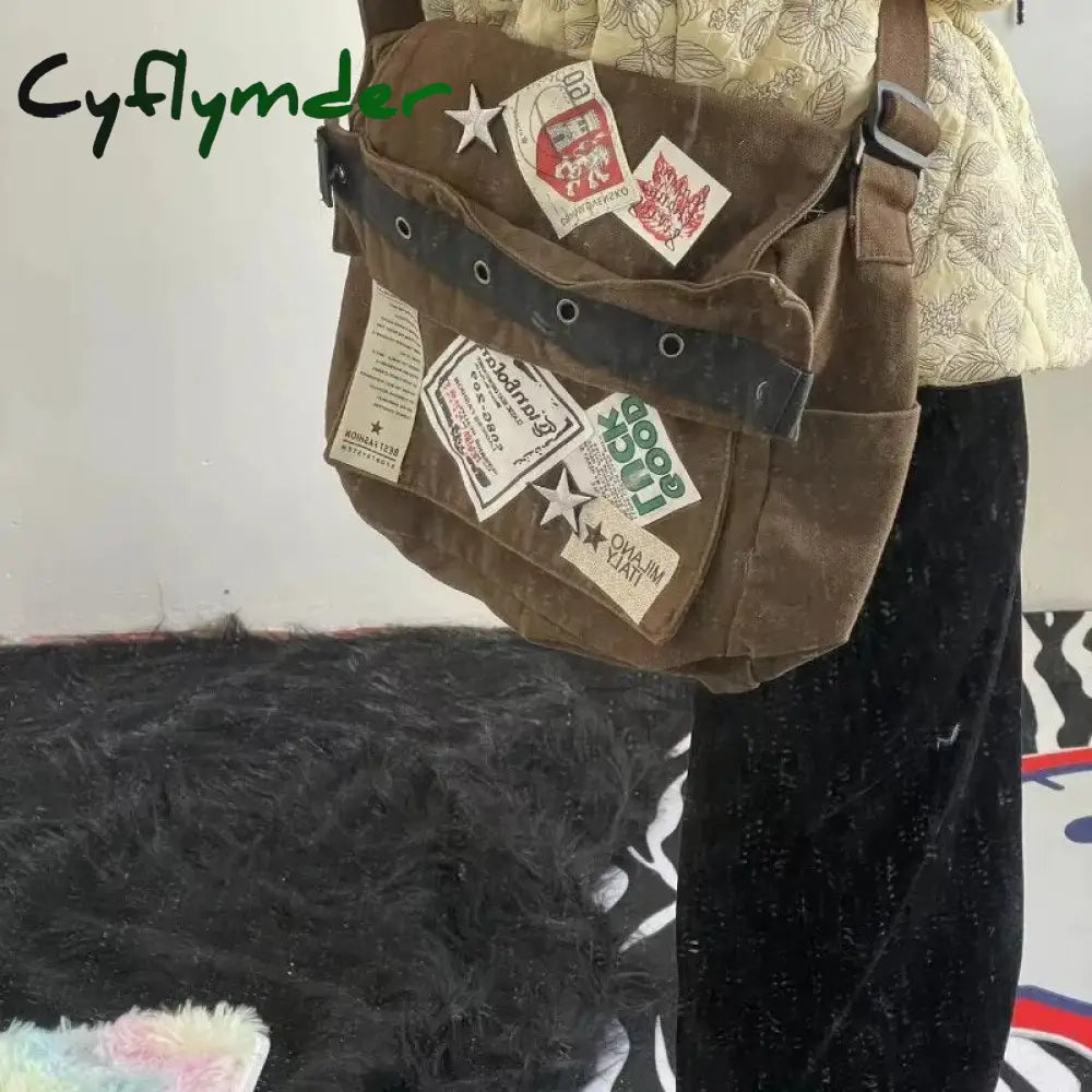 Cyflymder Vintage Y2K Messenger Bag For Women Canvas Star Patch Students School Crossbody Bags