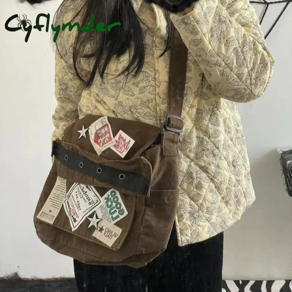 Cyflymder Vintage Y2K Messenger Bag For Women Canvas Star Patch Students School Crossbody Bags