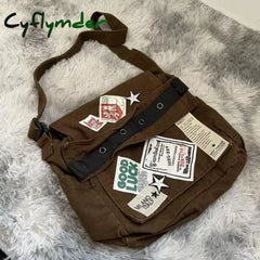 Cyflymder Vintage Y2K Messenger Bag For Women Canvas Star Patch Students School Crossbody Bags