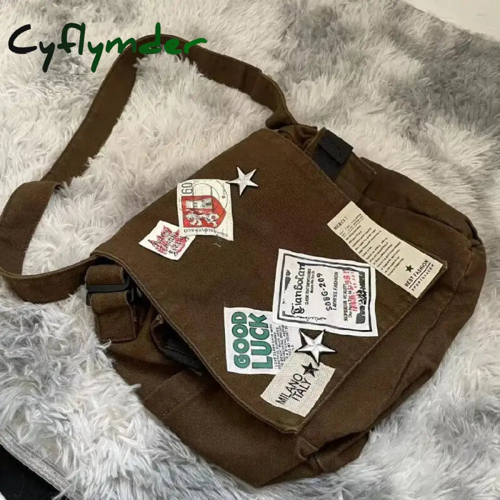 Cyflymder Vintage Y2K Messenger Bag For Women Canvas Star Patch Students School Crossbody Bags