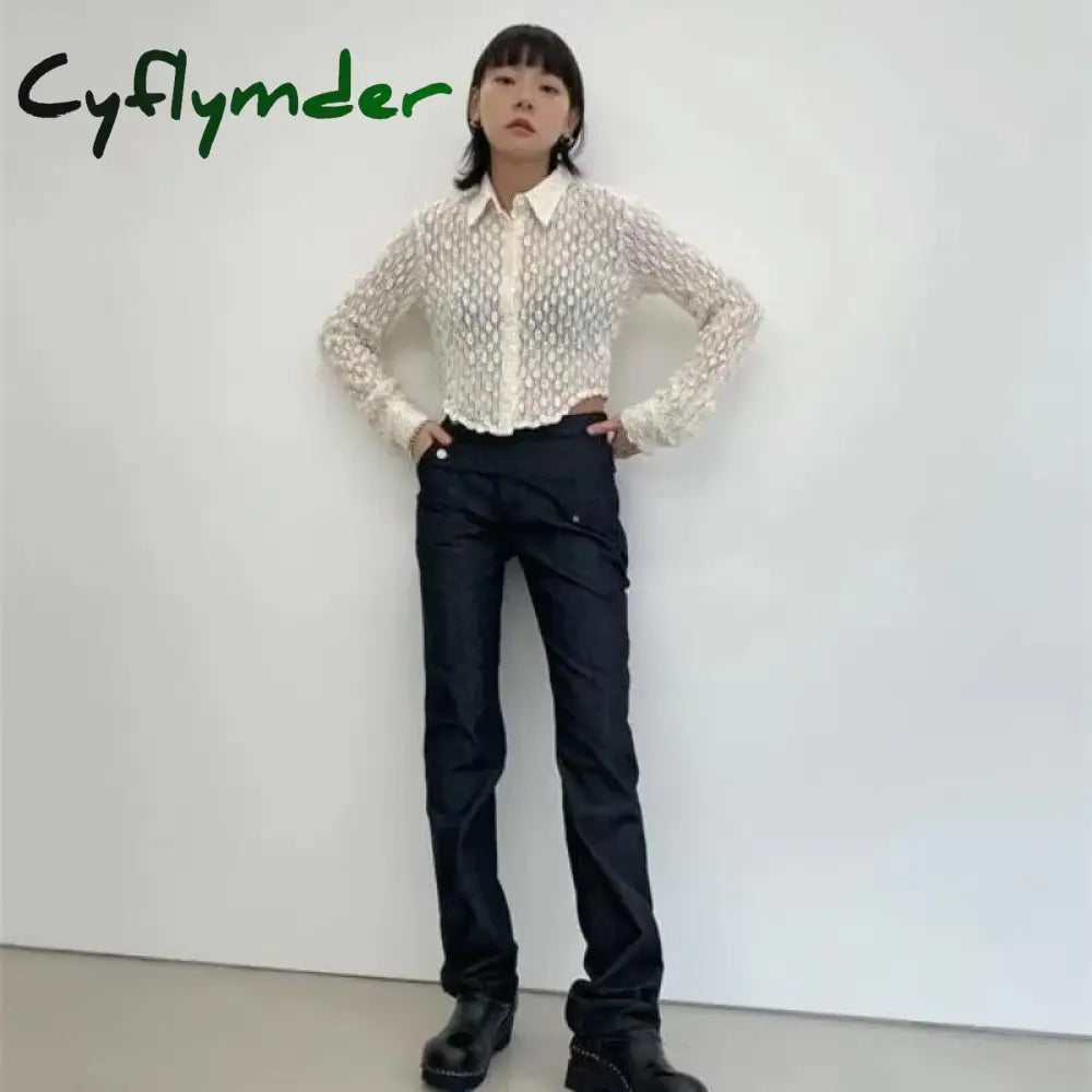 Cyflymder Vintage Y2K White Transparent Women Shirts Coquette Long Sleeve See Through Blouse Korean