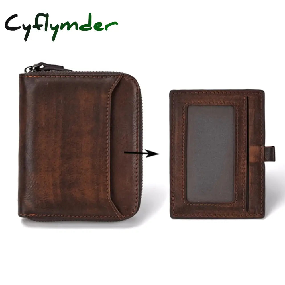 Cyflymder Wallet Man Short Head Layer Cowhide Money Clip Men’s Retro Wallet Vertical Zipper