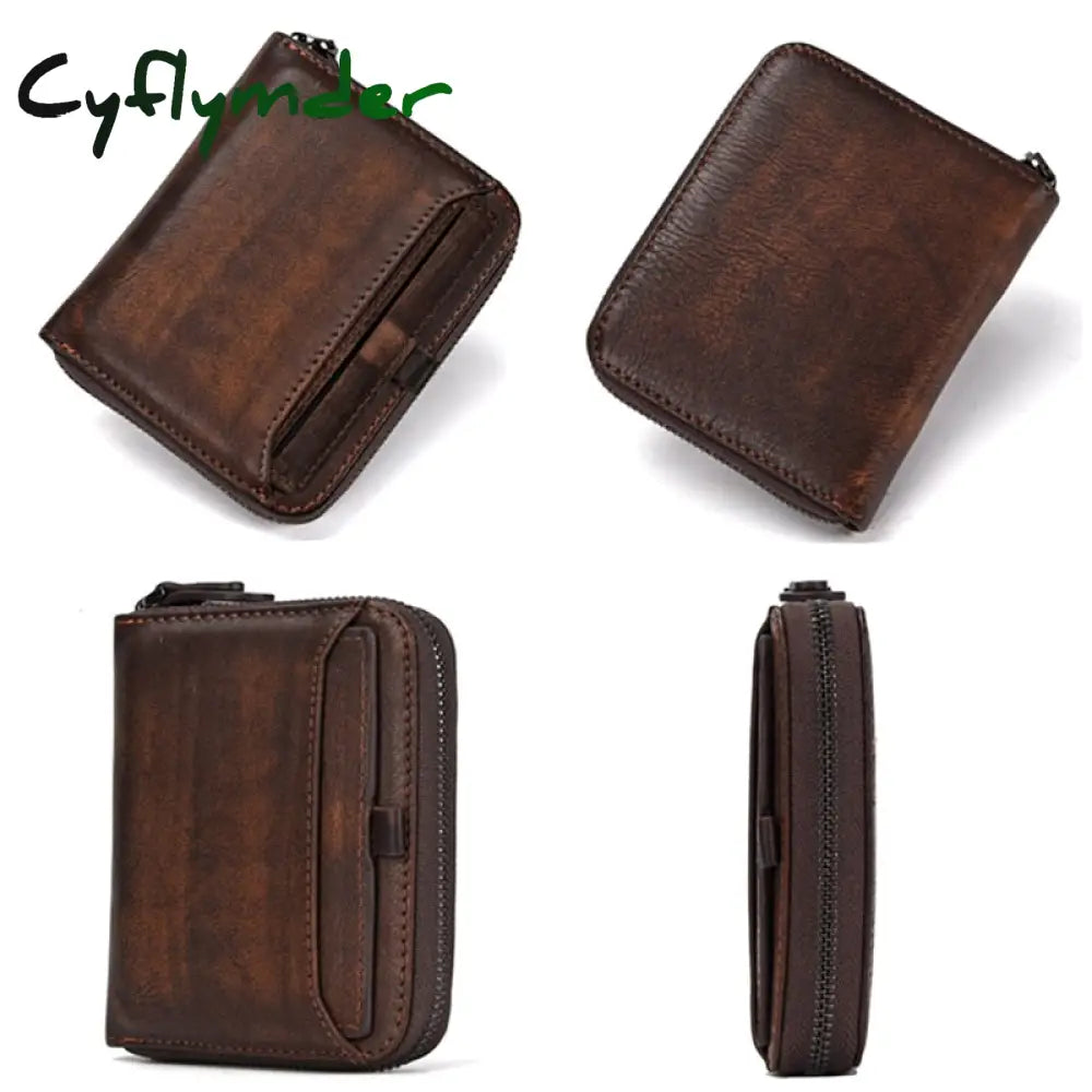 Cyflymder Wallet Man Short Head Layer Cowhide Money Clip Men’s Retro Wallet Vertical Zipper