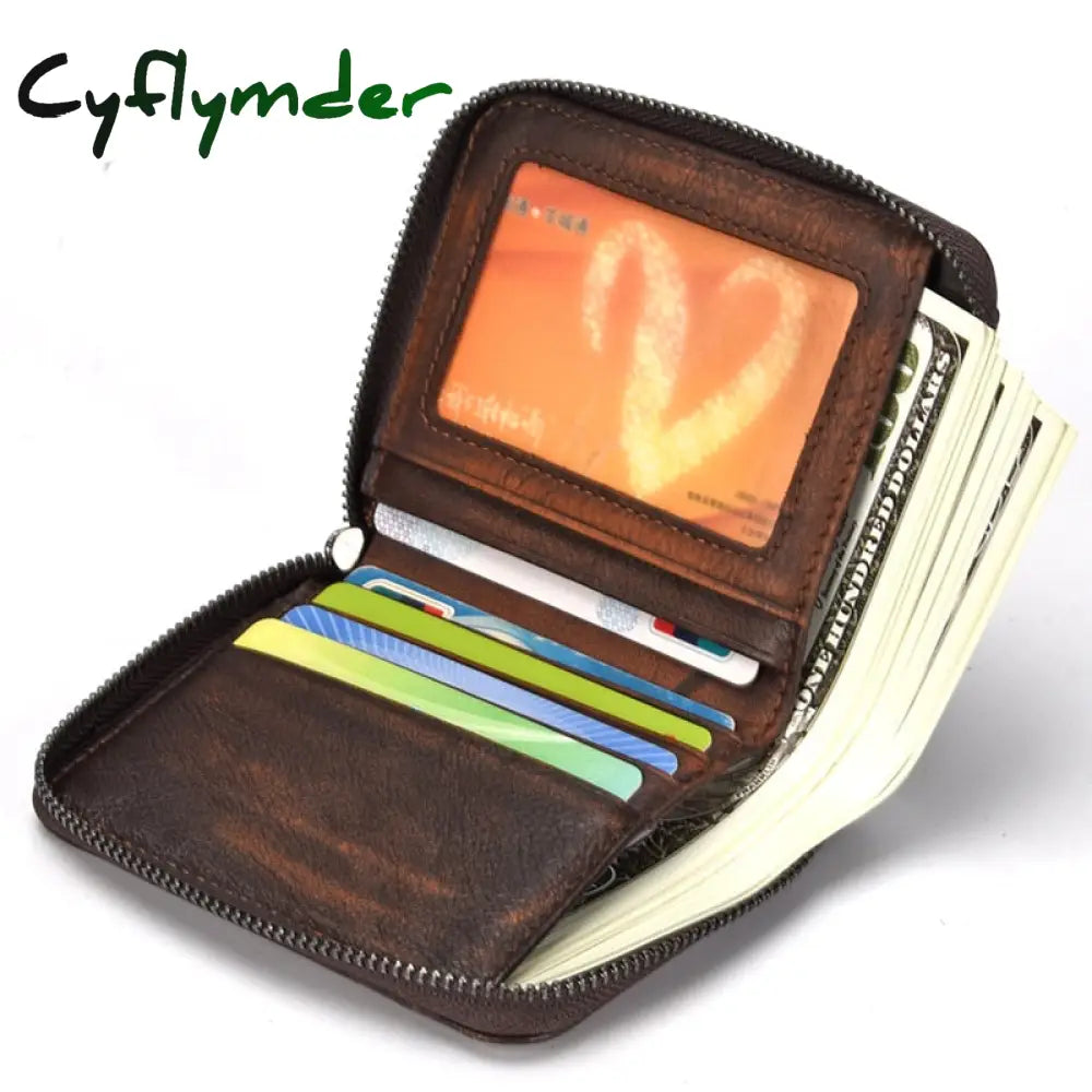 Cyflymder Wallet Man Short Head Layer Cowhide Money Clip Men’s Retro Wallet Vertical Zipper