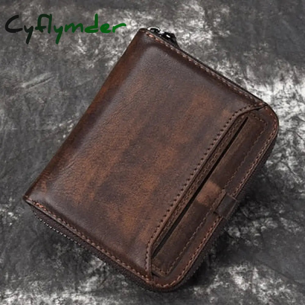 Cyflymder Wallet Man Short Head Layer Cowhide Money Clip Men’s Retro Wallet Vertical Zipper