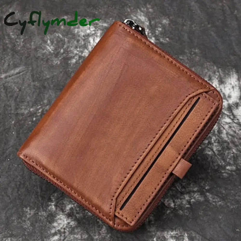 Cyflymder Wallet Man Short Head Layer Cowhide Money Clip Men’s Retro Wallet Vertical Zipper