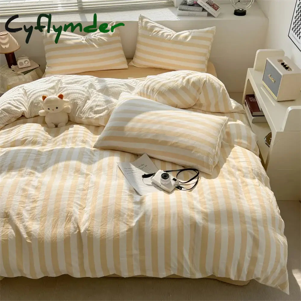 Cyflymder Washed Cotton Double Yarn Crepe Striped Quilt Set 3-4 Pillowcase with Sheet Bedding Cover Supplies 200x230