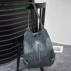 Cyflymder Washed Denim Women Backpack Big Jean Multifunctional Female Shoulder Bag Casual Travel