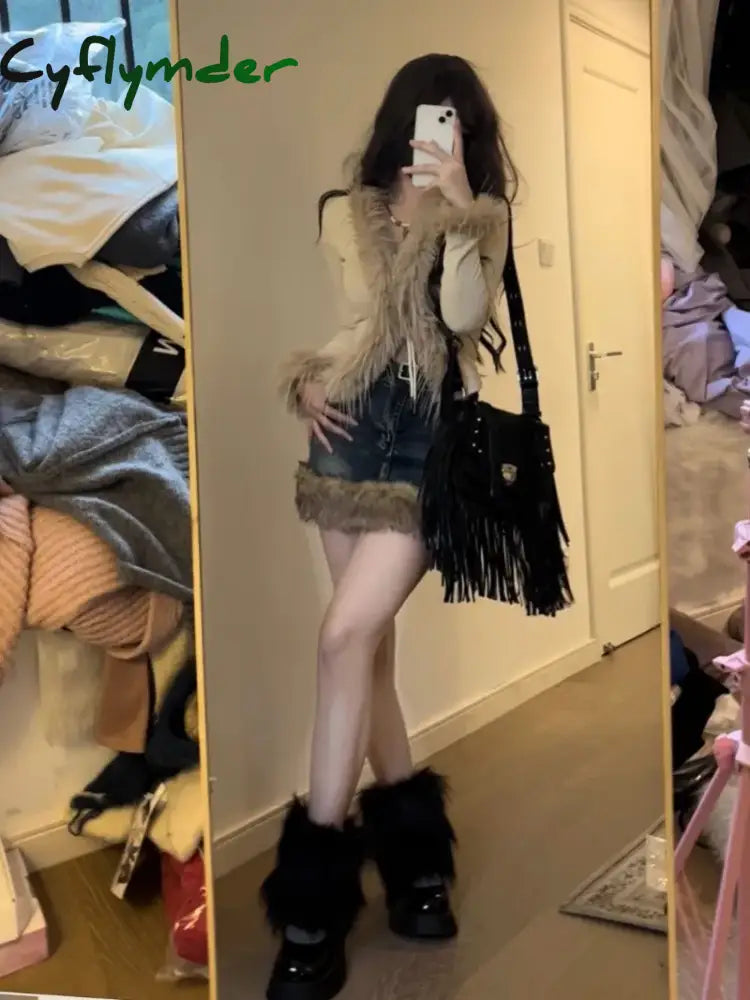 Cyflymder Washed Fur Paneled Denim Skirt For Women Retro Sexy Hot Girl High Waist A-Line Y2K