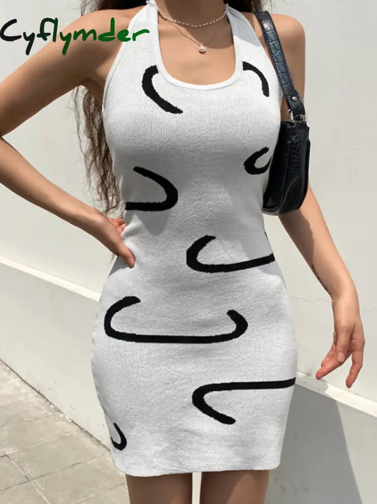 Cyflymder - Wavy Print Halter Open Back Short Dress Sweater Dresses