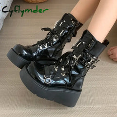 Cyflymder Wedges Platform Punk Style Motorcycle Boots Women Metal Buckle Decor Chunky Heel Knight Boots Fashion PU Lace