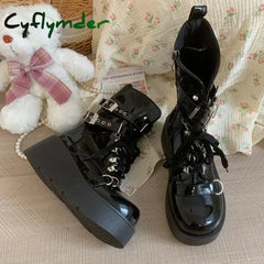 Cyflymder Wedges Platform Punk Style Motorcycle Boots Women Metal Buckle Decor Chunky Heel Knight Boots Fashion PU Lace