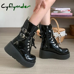 Cyflymder Wedges Platform Punk Style Motorcycle Boots Women Metal Buckle Decor Chunky Heel Knight Boots Fashion PU Lace