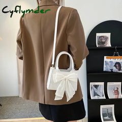 Cyflymder White Bowknot Women’s Portable Shoulder Bag Big Bow Design Ladies Underarm Bags Solid