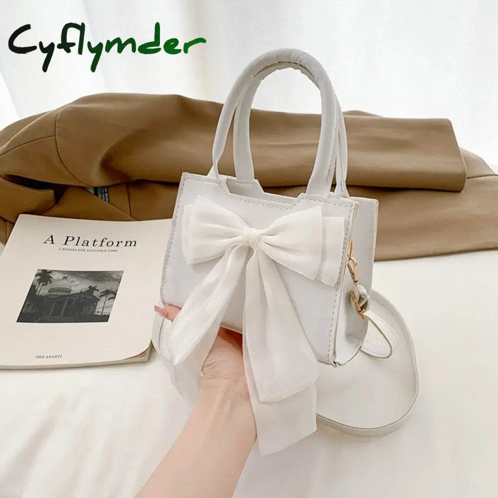 Cyflymder White Bowknot Women’s Portable Shoulder Bag Big Bow Design Ladies Underarm Bags Solid