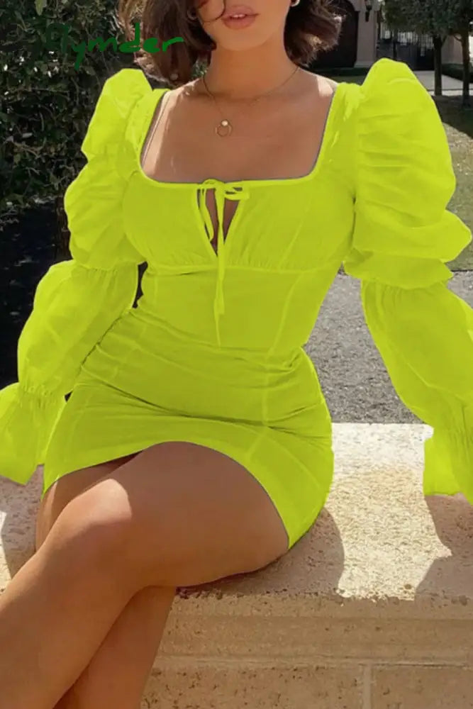Cyflymder - White Casual Solid Frenulum Square Collar Long Sleeve Dresses