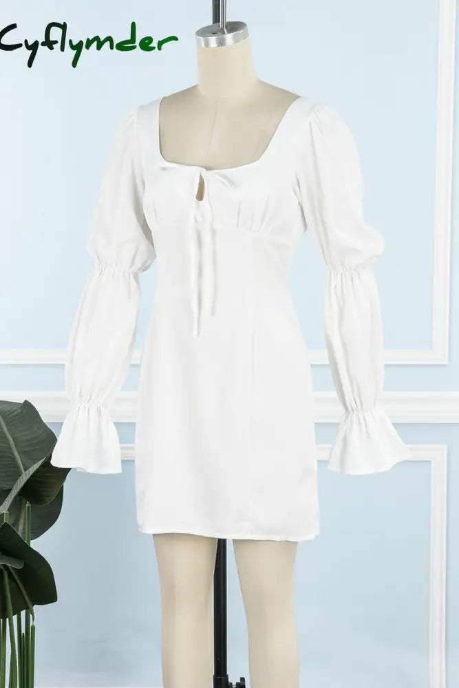 Cyflymder - White Casual Solid Frenulum Square Collar Long Sleeve Dresses